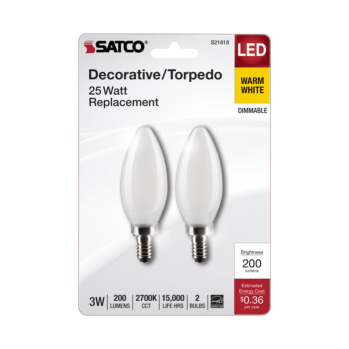 SATCO/NUVO 3W B11 LED Frosted Candelabra E12 Base 2700K 200Lm 120V 2-Pack (S21818)