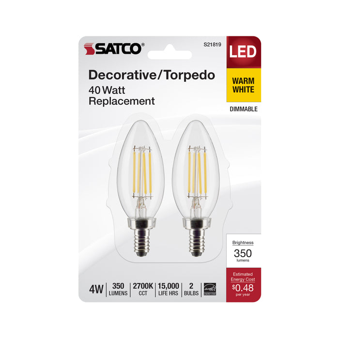 SATCO/NUVO 4W B11 LED Clear Candelabra E12 Base 3000K 350Lm 120V 2-Pack (S21819)