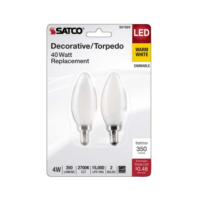 SATCO/NUVO 4W B11 LED Frosted Candelabra E12 Base 2700K 350Lm 120V 2-Pack (S21823)