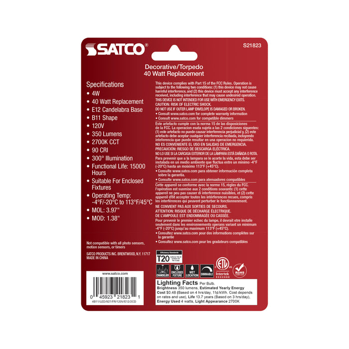 SATCO/NUVO 4W B11 LED Frosted Candelabra E12 Base 2700K 350Lm 120V 2-Pack (S21823)