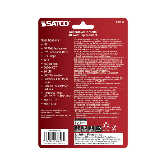 SATCO/NUVO 4W B11 LED Frosted Candelabra E12 Base 5000K 350Lm 120V 2-Pack (S21826)