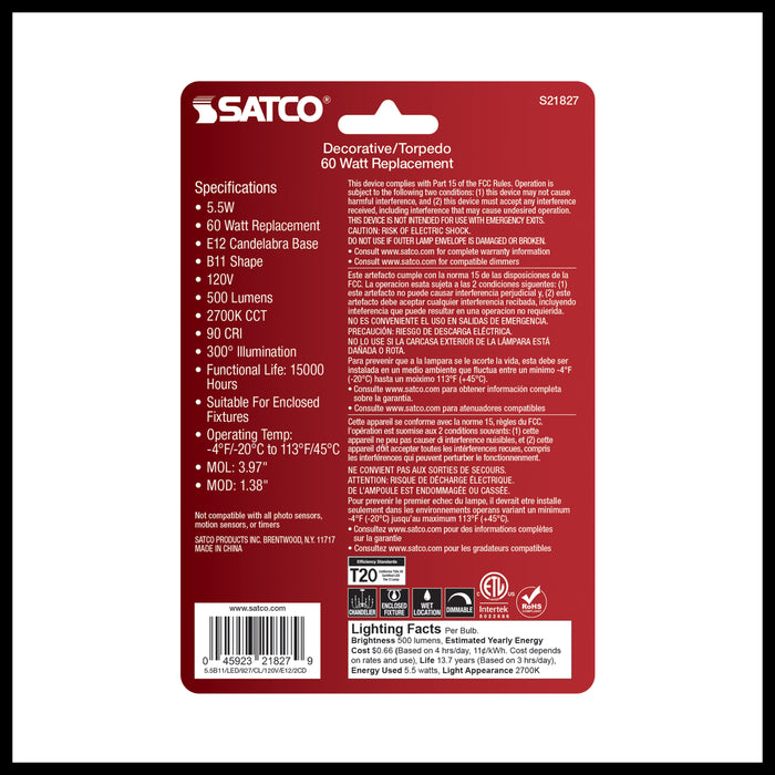 SATCO/NUVO 5.5W B11 LED Clear Candelabra E12 Base 2700K 500Lm 120V 2-Pack (S21827)