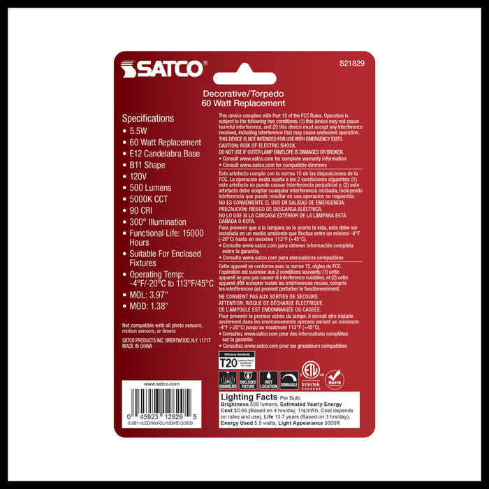 SATCO/NUVO 5.5W B11 LED Clear Candelabra E12 Base 5000K 500Lm 120V 2-Pack (S21829)