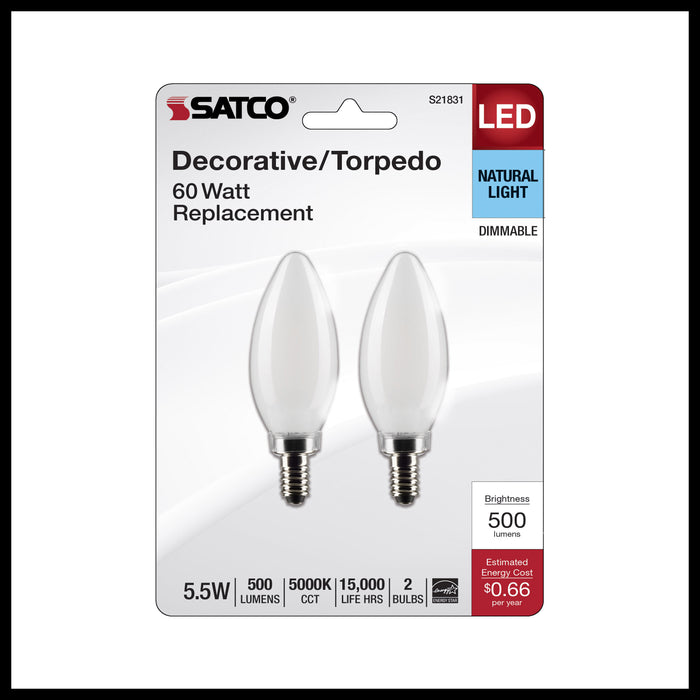 SATCO/NUVO 5.5W B11 LED Frosted Candelabra E12 Base 5000K 500Lm 120V 2-Pack (S21831)