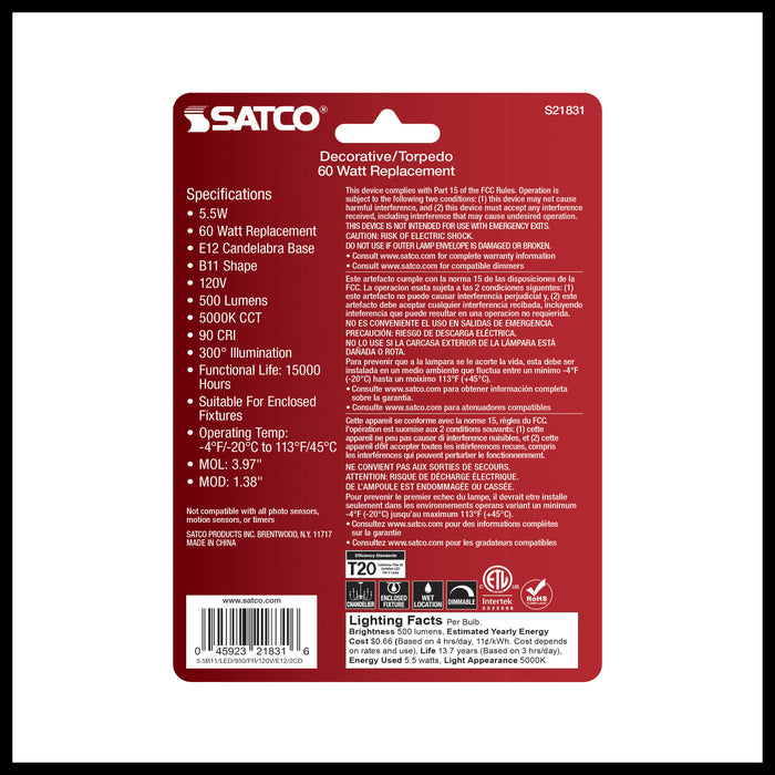 SATCO/NUVO 5.5W B11 LED Frosted Candelabra E12 Base 5000K 500Lm 120V 2-Pack (S21831)