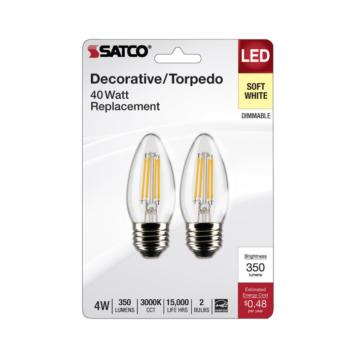 SATCO/NUVO 4W B11 LED Clear Medium Base 3000K 350Lm 120V 2-Pack (S21835)