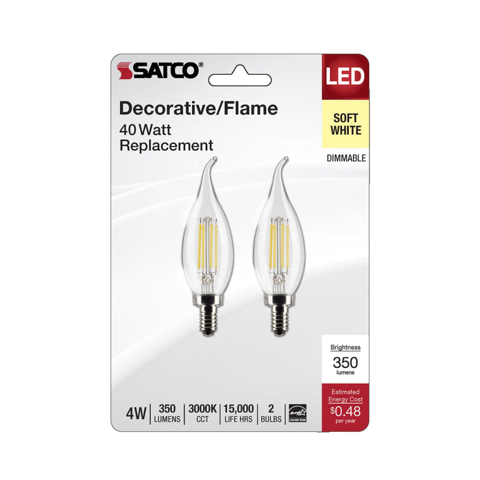 SATCO/NUVO 4W CA10 LED Clear Candelabra E12 Base 3000K 350Lm 120V 2-Pack (S21841)