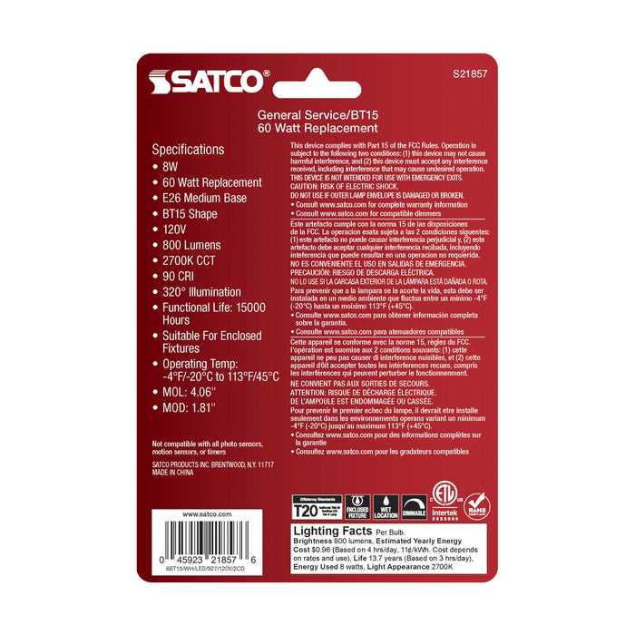 SATCO/NUVO 8W BT15 LED White Medium Base 2700K 800Lm 120V (S21857)