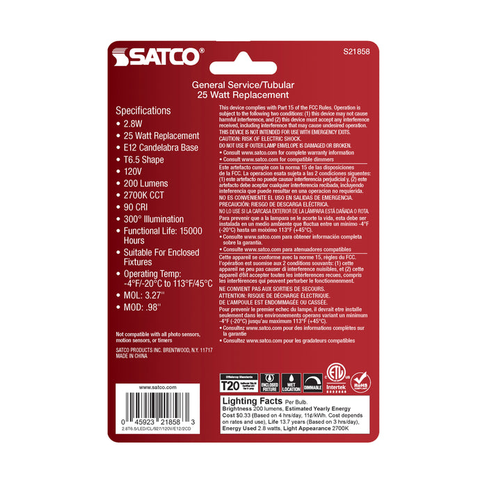 SATCO/NUVO 2.8W T6 LED Clear Candelabra E12 Base 2700K 200Lm 120V 2-Pack (S21858)