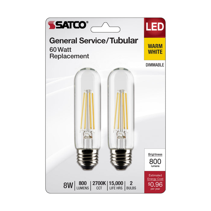 SATCO/NUVO 8W T10 LED Clear Medium Base 2700K 800Lm 120V 2-Pack (S21865)