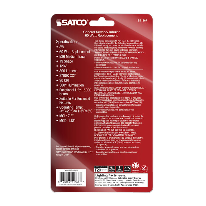 SATCO/NUVO 8W T9 LED Clear Medium Base 2700K 800Lm 120V 2-Pack (S21867)