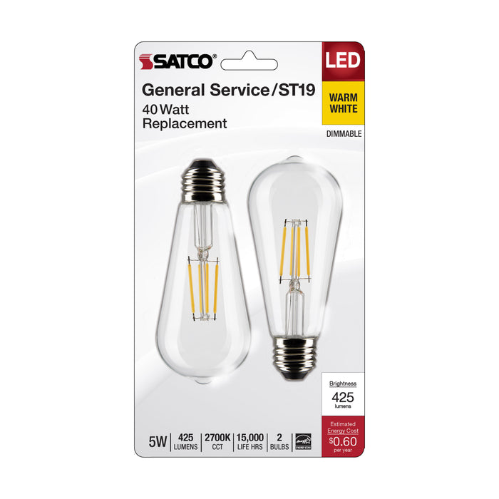SATCO/NUVO 5W ST19 LED Clear Medium Base 2700K 425Lm 2-Pack (S21869)