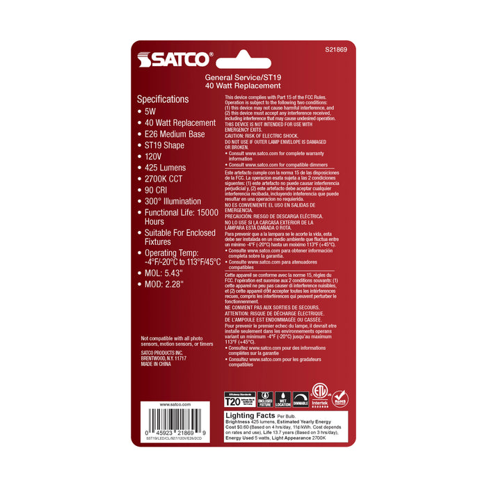 SATCO/NUVO 5W ST19 LED Clear Medium Base 2700K 425Lm 2-Pack (S21869)