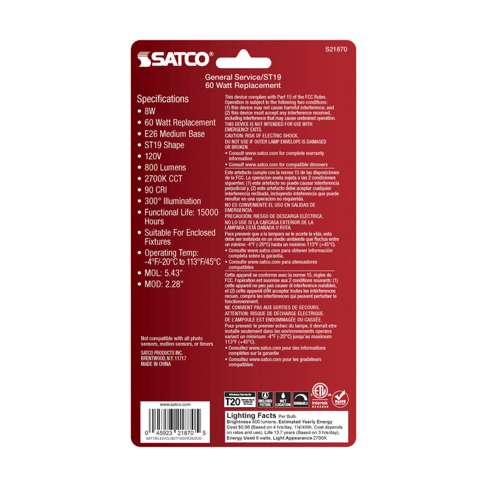 SATCO/NUVO 8W ST19 LED Clear: Medium Base 2700K 800Lm 2-Pack (S21870)