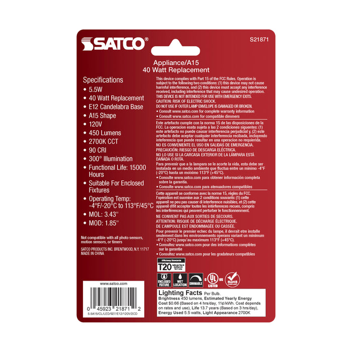 SATCO/NUVO 5.5W A15 LED Clear Candelabra E12 Base 2700K 450Lm 2-Pack (S21871)