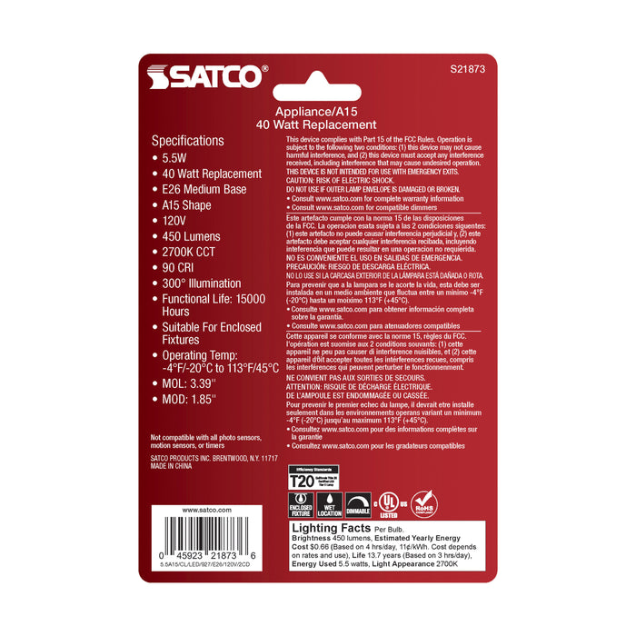 SATCO/NUVO 5.5W A15 LED Clear Medium Base 2700K 450Lm 2-Pack (S21873)