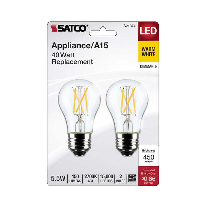 SATCO/NUVO 5.5W A15 LED Frosted Medium Base 2700K 450Lm 2-Pack (S21874)