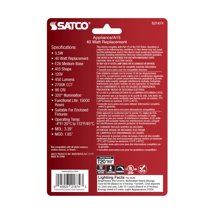 SATCO/NUVO 5.5W A15 LED Frosted Medium Base 2700K 450Lm 2-Pack (S21874)