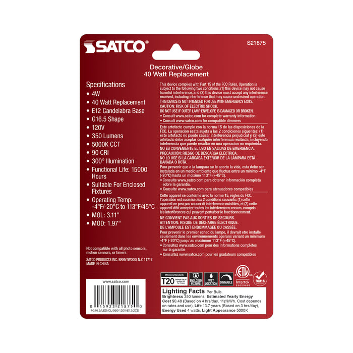 SATCO/NUVO 4W G16.5 LED Clear Candelabra Base 5000K 120V 2-Pack (S21875)