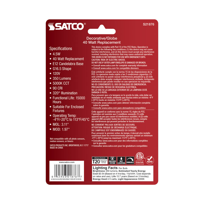 SATCO/NUVO 4.5W G16.5 LED White Candelabra Base 5000K 120V 2-Pack (S21876)