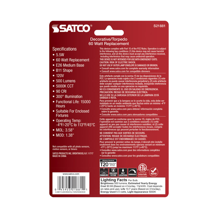 SATCO/NUVO 5.5W B11 LED Clear Medium Base 5000K 120V 2-Pack (S21881)