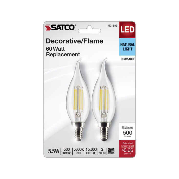SATCO/NUVO 5.5W CA10 LED Clear Candelabra Base 5000K 120V 2-Pack (S21883)