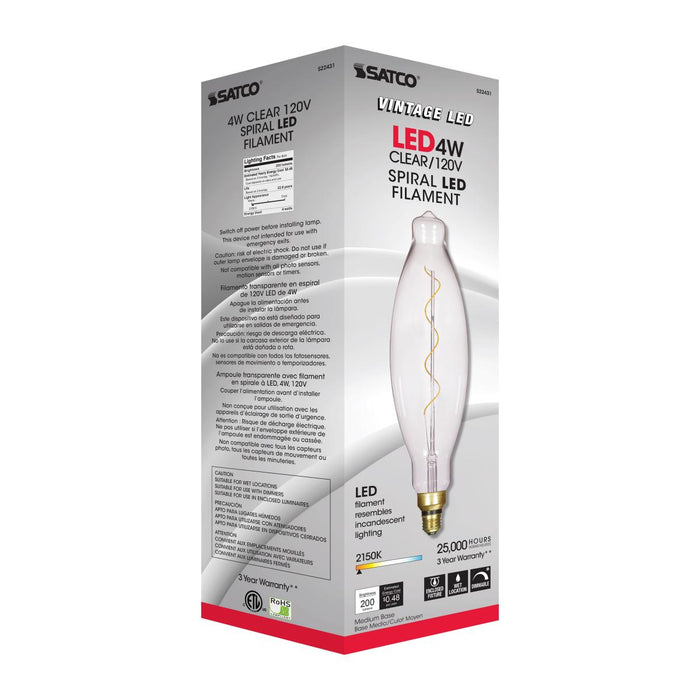 SATCO/NUVO 4BT38/LED/CL/E26/VINTAGE/120V 4W BT38 LED Vintage Style Clear 25000 Hours Medium Base 120V 2150K (S22431)