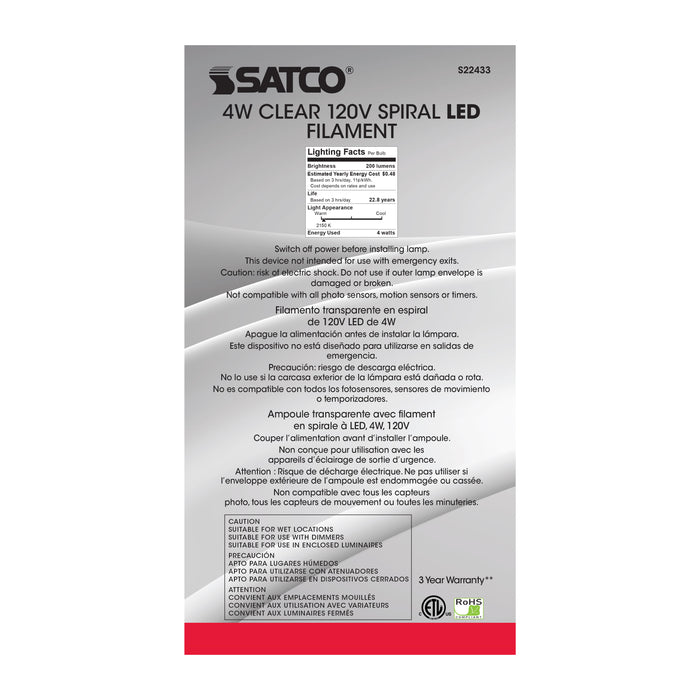 SATCO/NUVO 4PS52/LED/CL/E26/VINTAGE/120V 4W PS52 LED Vintage Style Clear 25000 Hours Medium Base 120V 2150K (S22433)