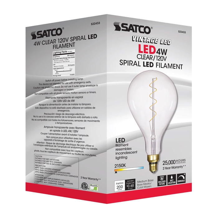 SATCO/NUVO 4PS52/LED/CL/E26/VINTAGE/120V 4W PS52 LED Vintage Style Clear 25000 Hours Medium Base 120V 2150K (S22433)