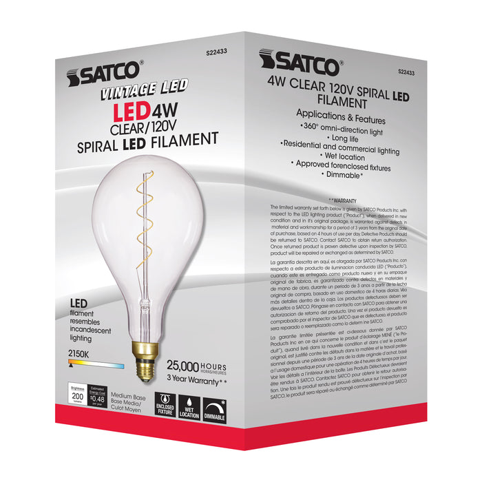SATCO/NUVO 4PS52/LED/CL/E26/VINTAGE/120V 4W PS52 LED Vintage Style Clear 25000 Hours Medium Base 120V 2150K (S22433)