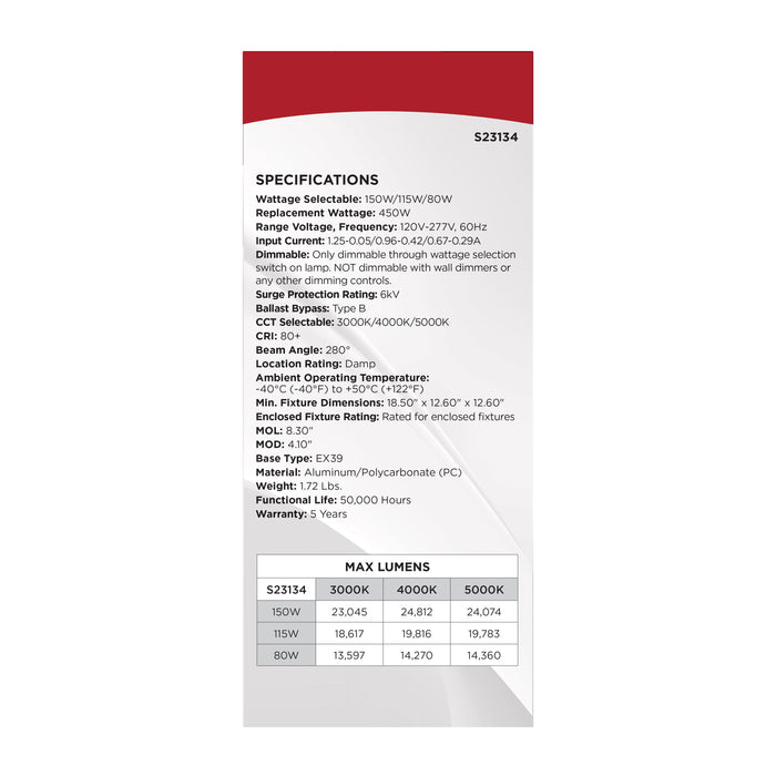 SATCO/NUVO LED Corn Cob Wattage/CCT Selectable 150W/115W/80W 3000K/4000K/5000K Mogul Extended Base 120-277V 450W HID Replacement (S23134)