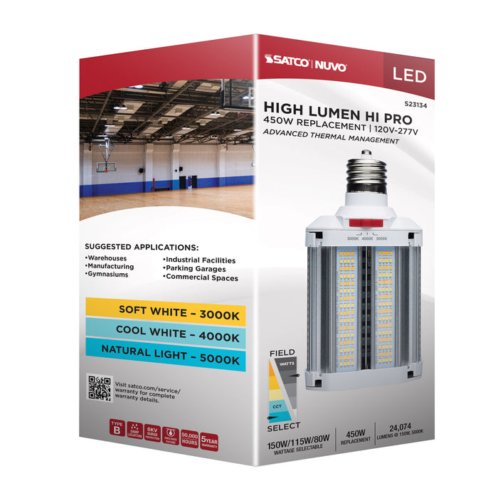 SATCO/NUVO LED Corn Cob Wattage/CCT Selectable 150W/115W/80W 3000K/4000K/5000K Mogul Extended Base 120-277V 450W HID Replacement (S23134)