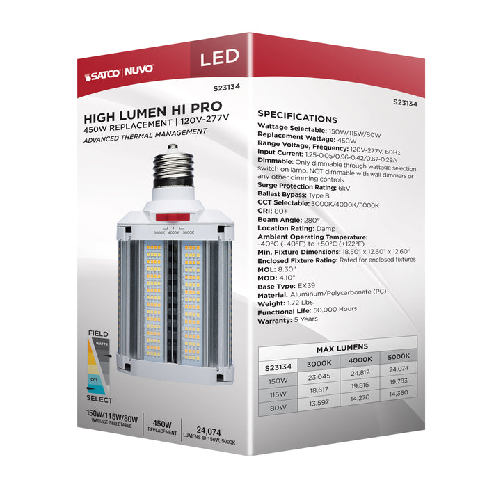 SATCO/NUVO LED Corn Cob Wattage/CCT Selectable 150W/115W/80W 3000K/4000K/5000K Mogul Extended Base 120-277V 450W HID Replacement (S23134)