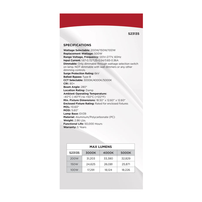 SATCO/NUVO LED Corn Cob Wattage/CCT Selectable 200W/150W/100W 3000K/4000K/5000K Mogul Extended Base 120-277V 500W HID Replacement (S23135)