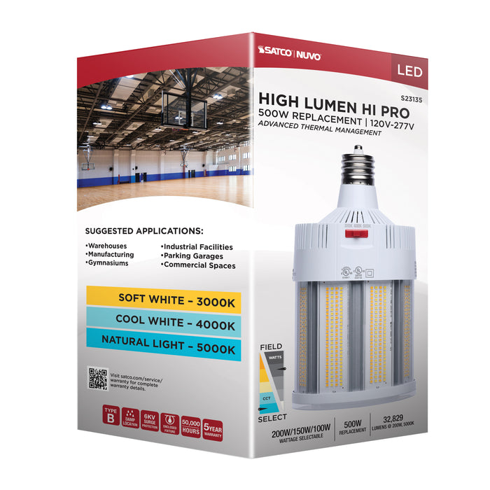SATCO/NUVO LED Corn Cob Wattage/CCT Selectable 200W/150W/100W 3000K/4000K/5000K Mogul Extended Base 120-277V 500W HID Replacement (S23135)