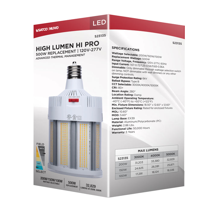SATCO/NUVO LED Corn Cob Wattage/CCT Selectable 200W/150W/100W 3000K/4000K/5000K Mogul Extended Base 120-277V 500W HID Replacement (S23135)