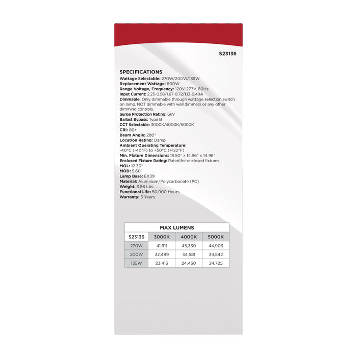 SATCO/NUVO LED Corn Cob Wattage/CCT Selectable 270W/200W/135W 3000K/4000K/5000K Mogul Extended Base 120-277V 600W HID Replacement (S23136)