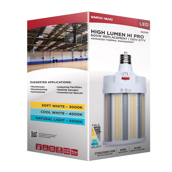 SATCO/NUVO LED Corn Cob Wattage/CCT Selectable 270W/200W/135W 3000K/4000K/5000K Mogul Extended Base 120-277V 600W HID Replacement (S23136)