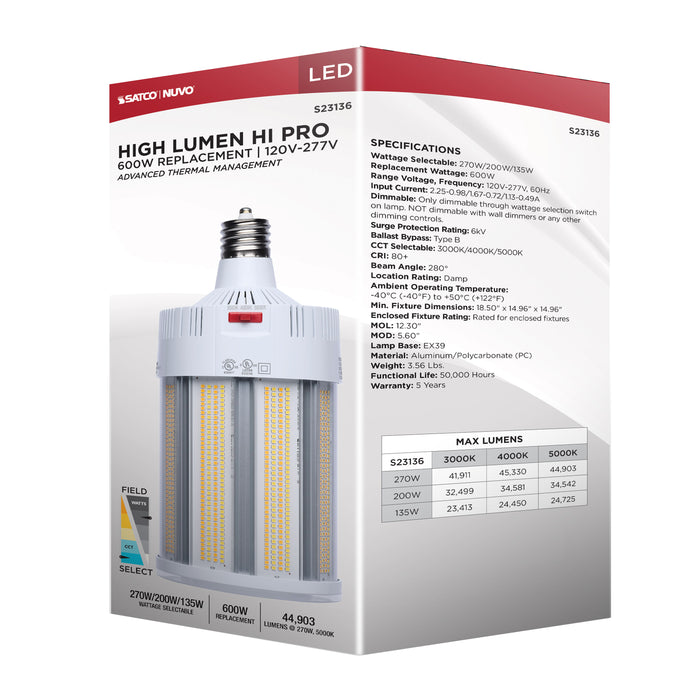 SATCO/NUVO LED Corn Cob Wattage/CCT Selectable 270W/200W/135W 3000K/4000K/5000K Mogul Extended Base 120-277V 600W HID Replacement (S23136)