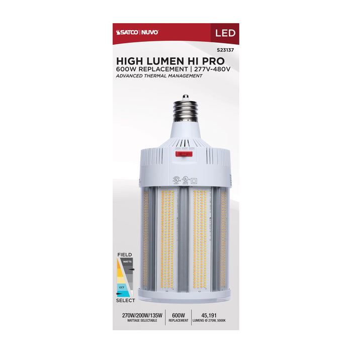 SATCO/NUVO LED Corn Cob Wattage/CCT Selectable 270W/200W/135W 3000K/4000K/5000K Mogul Extended Base 277-480V 600W HID Replacement (S23137)