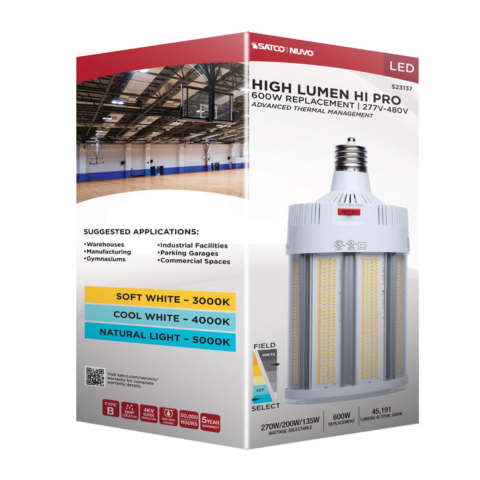 SATCO/NUVO LED Corn Cob Wattage/CCT Selectable 270W/200W/135W 3000K/4000K/5000K Mogul Extended Base 277-480V 600W HID Replacement (S23137)