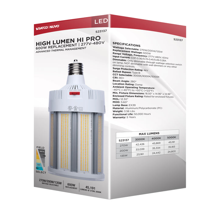 SATCO/NUVO LED Corn Cob Wattage/CCT Selectable 270W/200W/135W 3000K/4000K/5000K Mogul Extended Base 277-480V 600W HID Replacement (S23137)