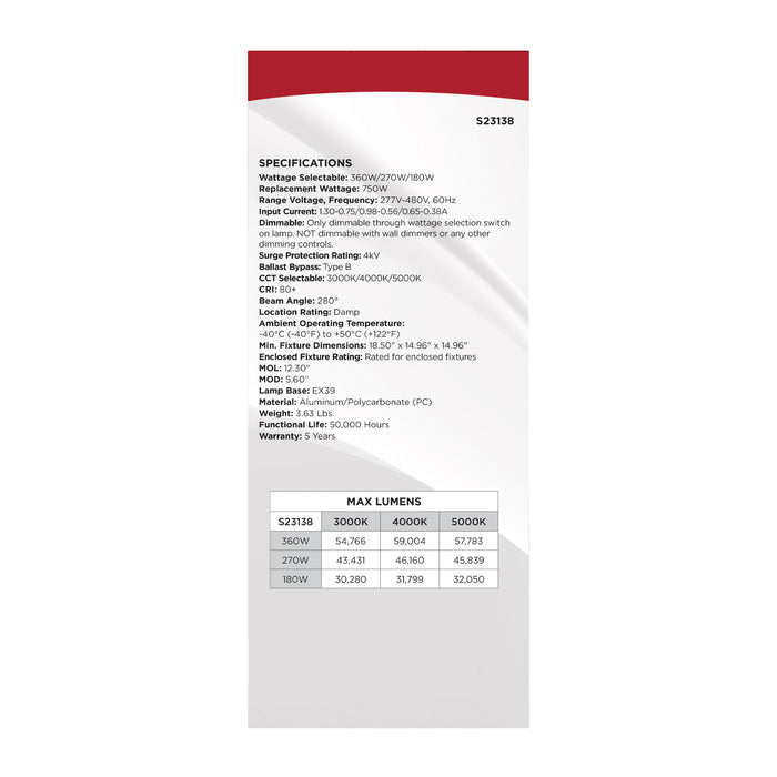 SATCO/NUVO LED Corn Cob Wattage/CCT Selectable 360W/270W/180W 3000K/4000K/5000K Mogul Extended Base 277-480V 750W HID Replacement (S23138)