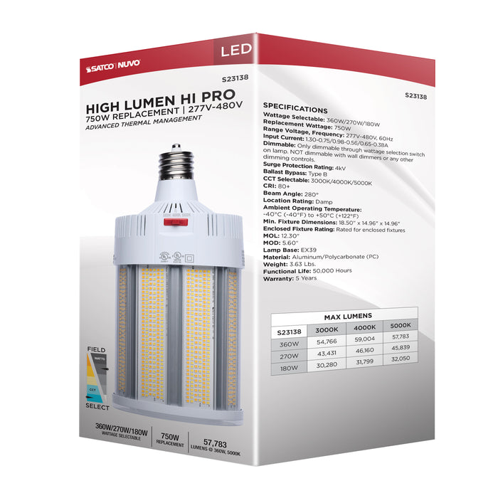 SATCO/NUVO LED Corn Cob Wattage/CCT Selectable 360W/270W/180W 3000K/4000K/5000K Mogul Extended Base 277-480V 750W HID Replacement (S23138)
