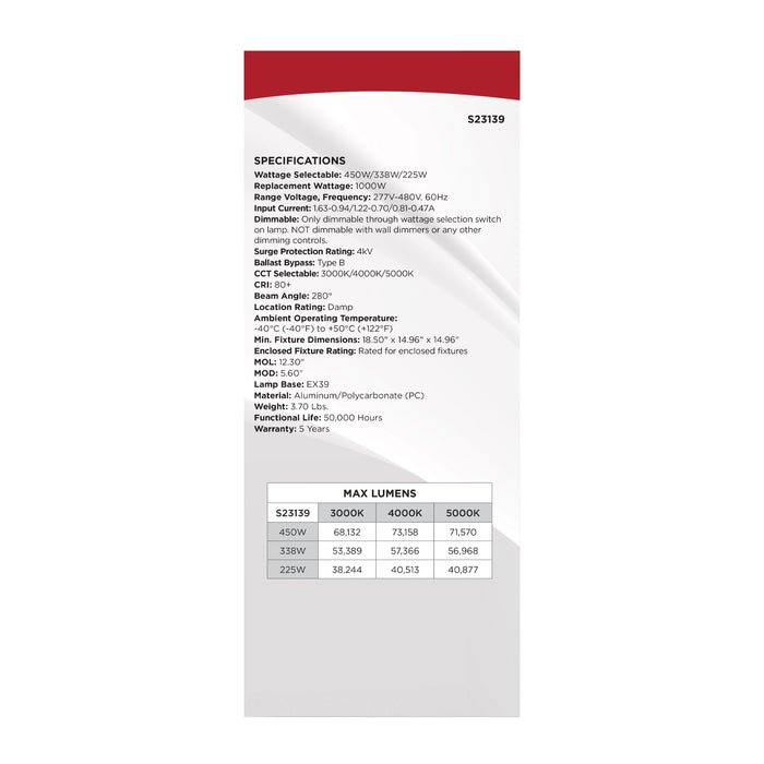SATCO/NUVO LED Corn Cob Wattage/CCT Selectable 450W/338W/225W 3000K/4000K/5000K Mogul Extended Base 277-480V 1000W HID Replacement (S23139)