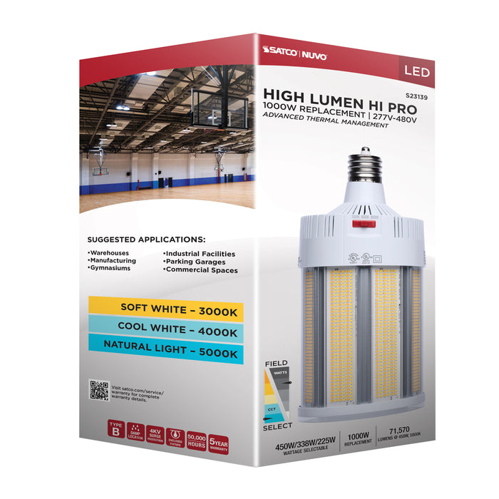 SATCO/NUVO LED Corn Cob Wattage/CCT Selectable 450W/338W/225W 3000K/4000K/5000K Mogul Extended Base 277-480V 1000W HID Replacement (S23139)