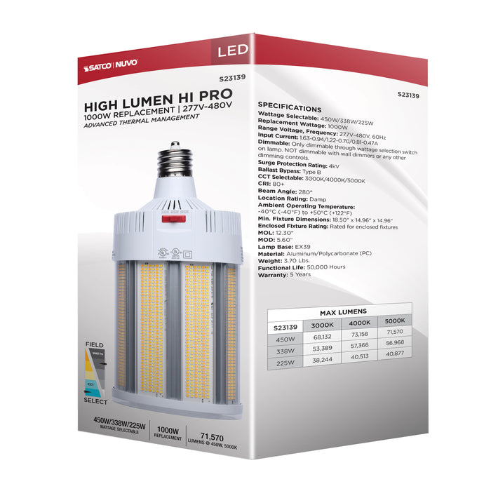 SATCO/NUVO LED Corn Cob Wattage/CCT Selectable 450W/338W/225W 3000K/4000K/5000K Mogul Extended Base 277-480V 1000W HID Replacement (S23139)