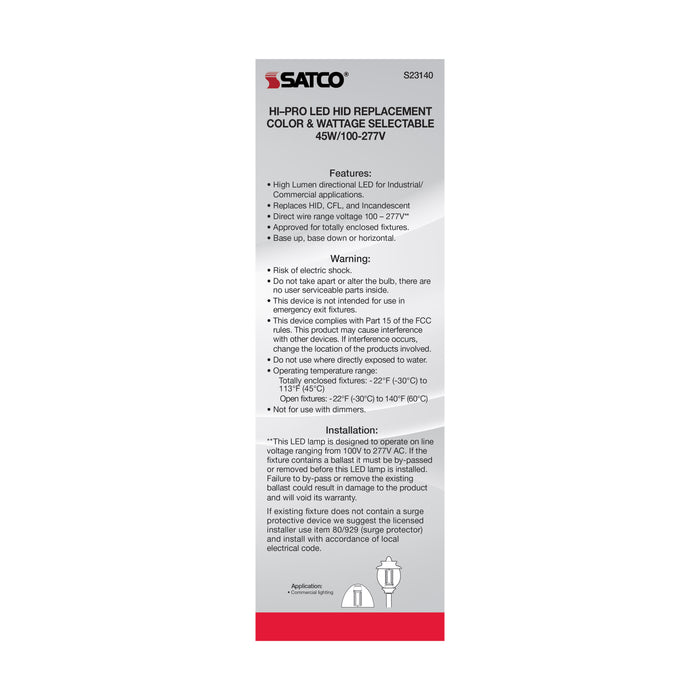 SATCO/NUVO 27W/36W/45W Wattage Selectable LED HID Replacement CCT Selectable 3000K/4000K/5000K Medium Base 100-277V (S23140)