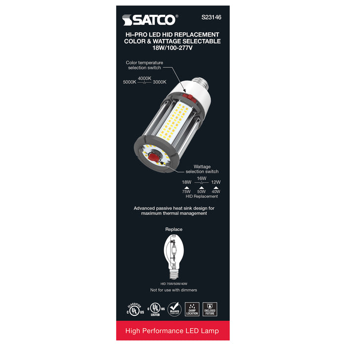 SATCO/NUVO 12W/16W/18W Wattage Selectable LED HID Replacement CCT Selectable 3000K/4000K/5000K Medium Base 100-277V (S23146)