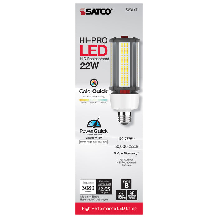 SATCO/NUVO 16W/18W/22W Wattage Selectable LED HID Replacement CCT Selectable 3000K/4000K/5000K Medium Base 100-277V (S23147)